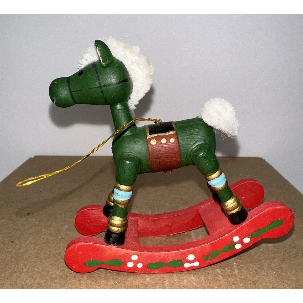 Set of 2 - Vintage 1980's Hand‎ Painted Yellow & Green Rocking Horse Ornaments